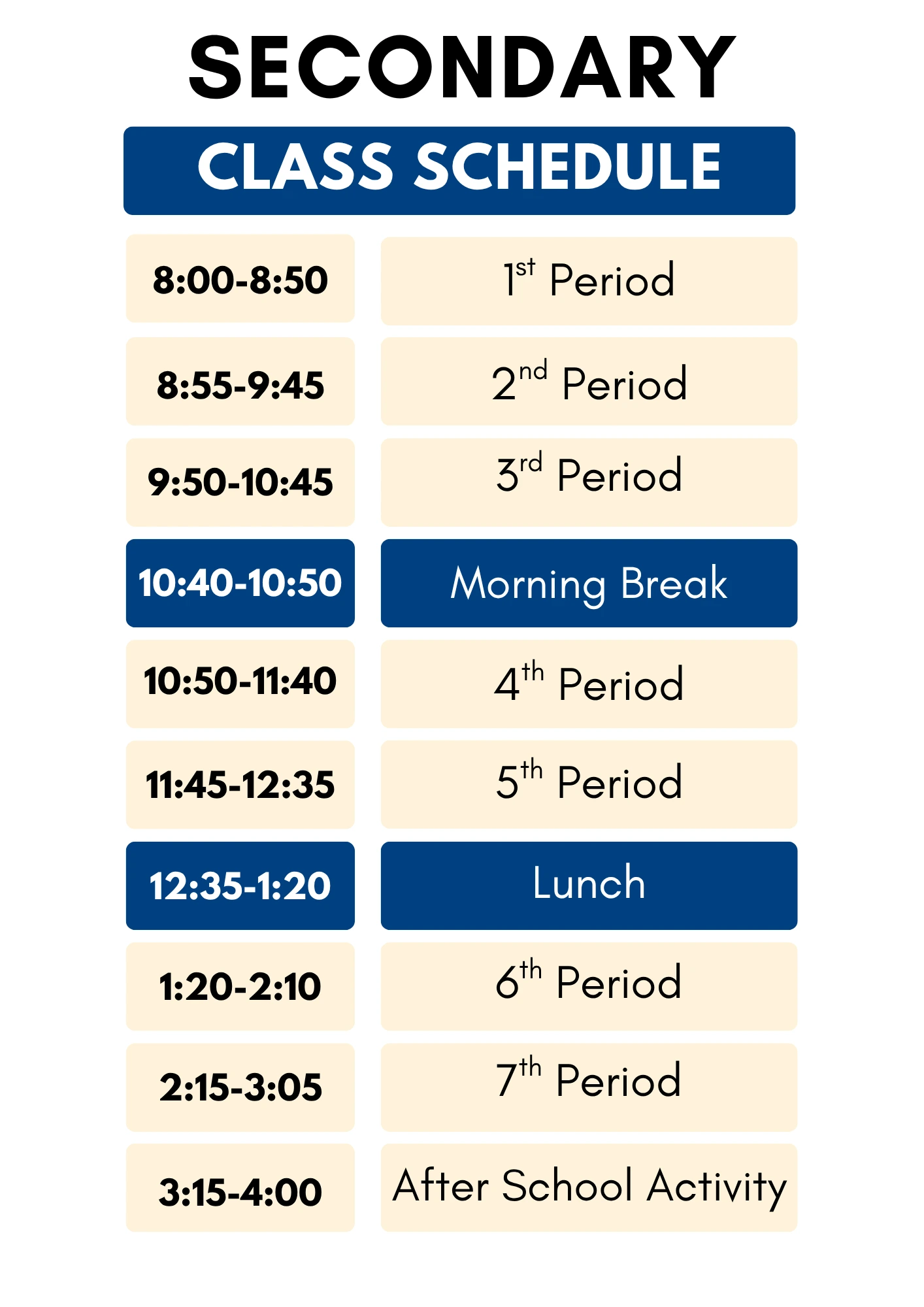 Classroom Schedule - Secondary